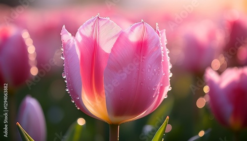 A delicate pink tulip covered in morning dew, 8K resolution, every curve of the petal highlighted with natural light, hyper-realistic textures with a soft-focus field of tulips behind it.