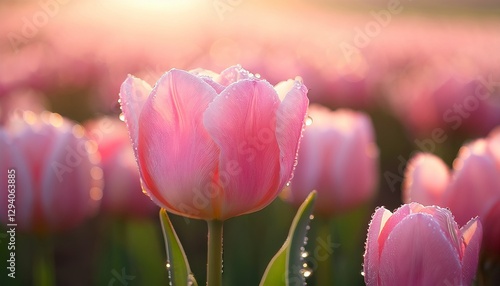 A delicate pink tulip covered in morning dew, 8K resolution, every curve of the petal highlighted with natural light, hyper-realistic textures with a soft-focus field of tulips behind it.