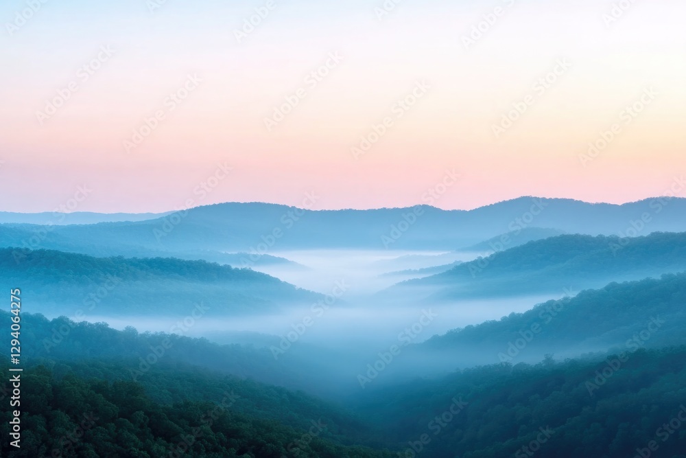 Obraz premium serene untouched landscape presenting soft light of dawn over tranquil forested valley
