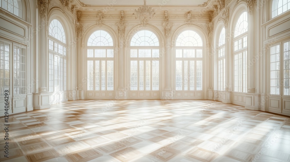 Grand ballroom with ornate architectural details and sunlit checkered floor creating a bright and elegant atmosphere in a vintage style Grand ballroom with ornate architectural details and sunlit checkered floor creating a bright and elegant atmosphere in a vintage style