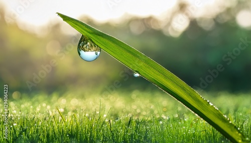 A dewdrop resting on a fresh green leaf, reflecting the surrounding spring garden, captured in ultra-sharp 8K with crystal-clear water textures and soft bokeh background.