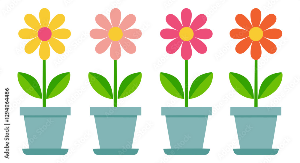 Set of colorful flower pots with green leaves icons. Collection of decorative potted plants vector. Home decoration daisy flowers in pots vector. Decoration potted flowers colorful vector illustration Set of colorful flower pots with green leaves icons. Collection of decorative potted plants vector. Home decoration daisy flowers in pots vector. Decoration potted flowers colorful vector illustration