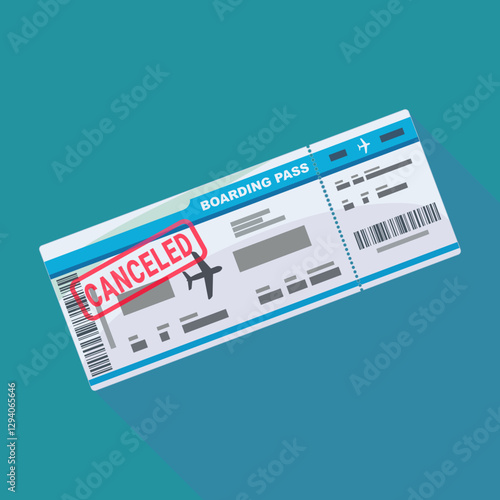 Canceled Boarding pass on blue background with long shadow in flat design style