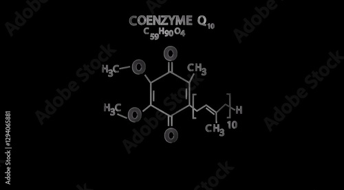 Coenzyme Q10 or Ubiquinone Molecular Structure Symbol animation on black background and neon glowing effect photo