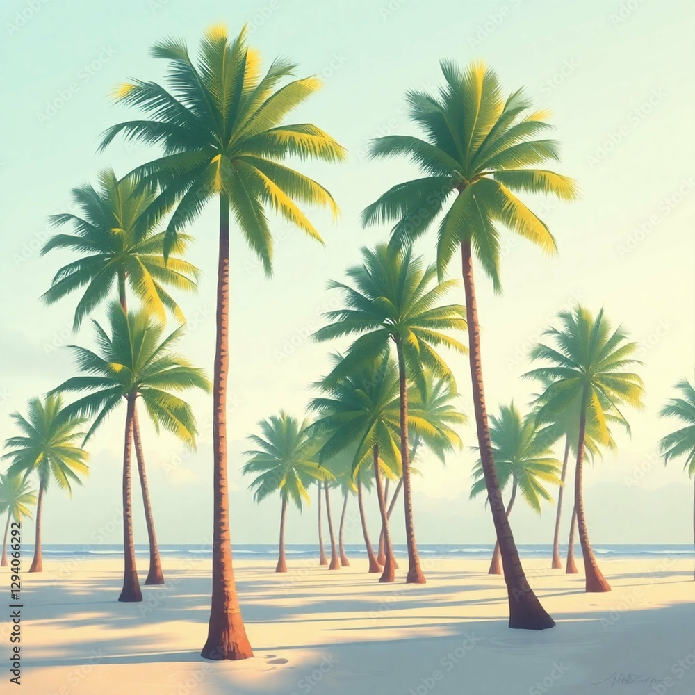 Fototapeta premium Palm Trees Serenity, A Tropical Beachscape of Tranquil Coastal Beauty
