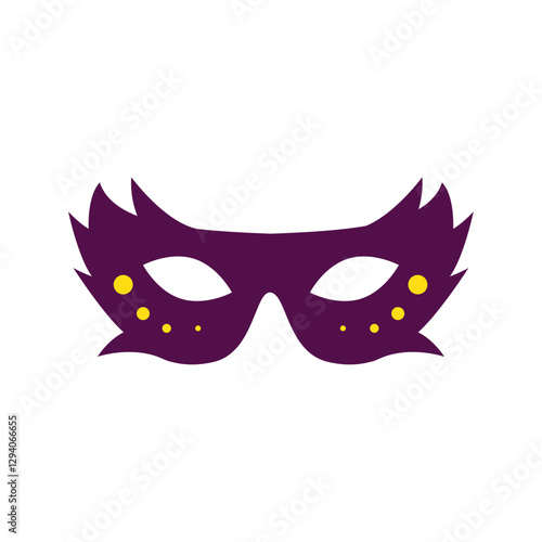 Flat vector illustration of a decorative purple masquerade mask with yellow dots, perfect for costume parties, carnival events, Mardi Gras celebrations, or festive-themed graphic designs