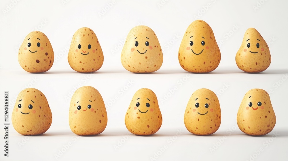 Happy potatoes, various sizes, white background, food illustration