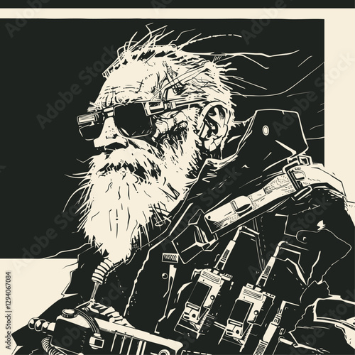 Vector illustration of a rugged, older soldier with a white beard and sunglasses. Equipped with futuristic armor and weapons, the design conveys strength, resilience, and a gritty, dystopian aesthetic
