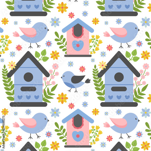 Seamless vector pattern with Birdhouse and cute birds. Birds nesting boxes with floral elements. Spring background for nursery, posters, greeting card, packaging, wrapping, paper
