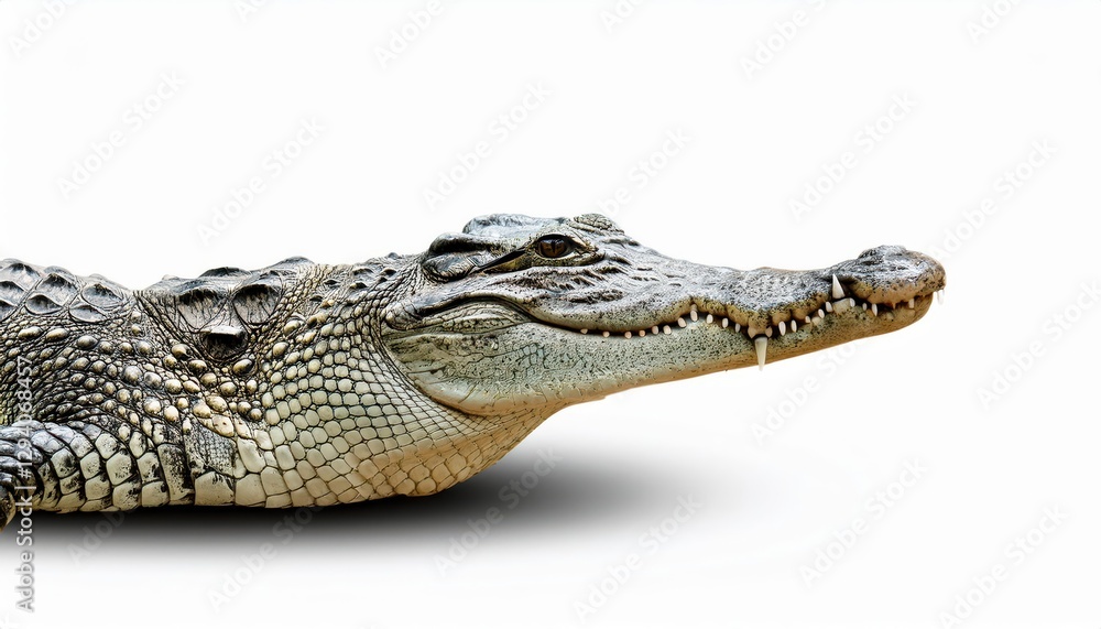 Naklejka premium Striking Closeup of a Majestic Crocodile Against a White Backdrop, Emphasizing Textures and Powerful Details, Capturing the Aweinspiring Beauty of Natures Apex Predator.