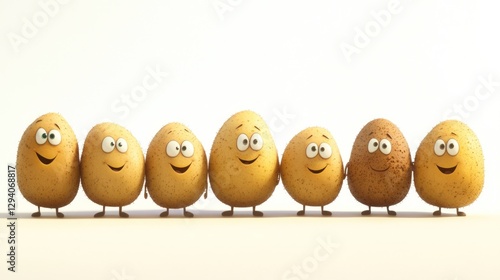 Happy potato friends holding hands; white background; children's book illustration