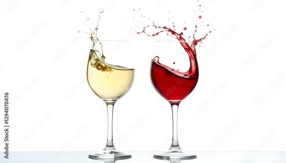 Dos copas de vino, una llena de vino blanco y la otra de vino tinto, se capturan en un chapoteo dinámico contra un fondo blanco absoluto Dos copas de vino, una llena de vino blanco y la otra de vino tinto, se capturan en un chapoteo dinámico contra un fondo blanco absoluto