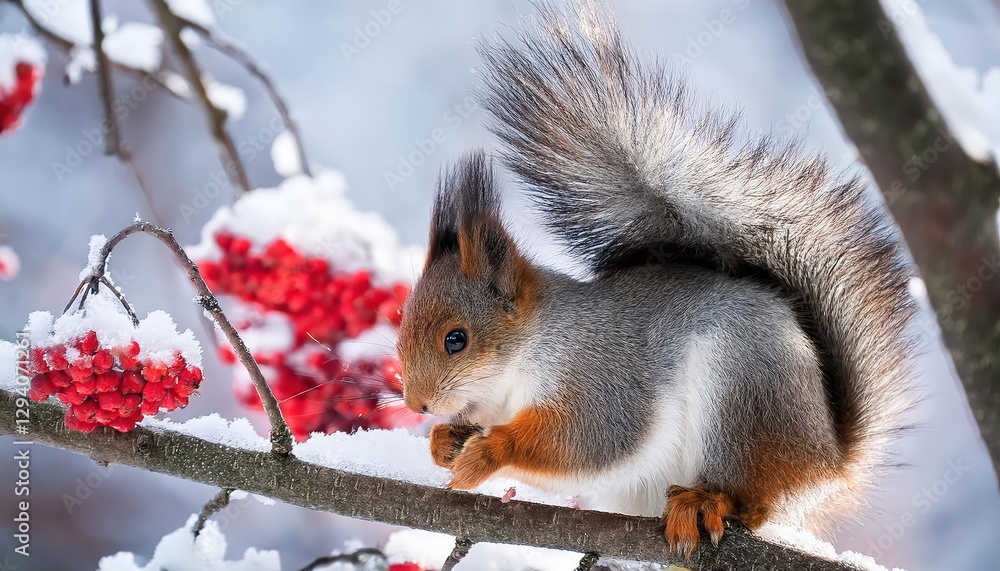 Enchanting Winter Scene A Squirrel Amidst SnowCovered Branches Laden with Red Berries, a Cozy Corner of Frozen Tranquility and Wildlife Warmth. Enchanting Winter Scene A Squirrel Amidst SnowCovered Branches Laden with Red Berries, a Cozy Corner of Frozen Tranquility and Wildlife Warmth.