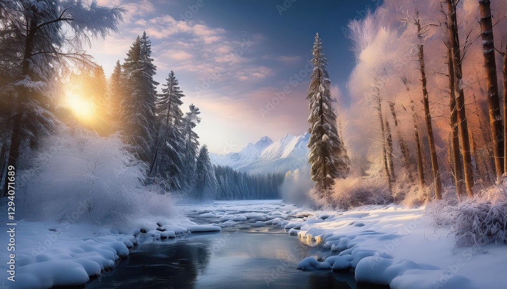 Stunning Frozen Landscape FrostKissed Evergreens Against a Backdrop of Majestic SnowCapped Mountains, Dazzling Spectacle of a Winter Wonderland under the Icy Sky. characters Stunning Frozen Landscape FrostKissed Evergreens Against a Backdrop of Majestic SnowCapped Mountains, Dazzling Spectacle of a Winter Wonderland under the Icy Sky. characters