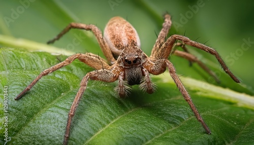 Vibrant Green Leaf Hosting the Enigmatic Wolf Spider Pardosa amentata, Captured in the Soft Dappled Light of an Early Afternoon on Grass photo