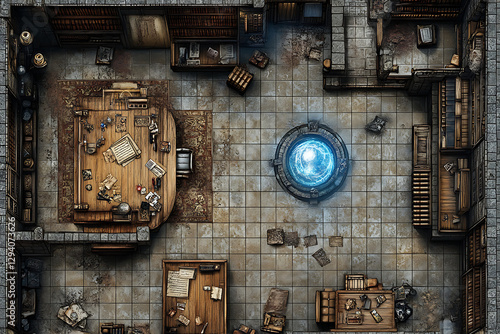 Detailed Battle Map Game Theme Showing Stone Floor Wooden Tables Artifacts and Energy Orb with Brown and Blue Hues Overhead View