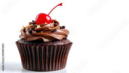 delicious chocolate cupcake isolated on white background with a cerry on top