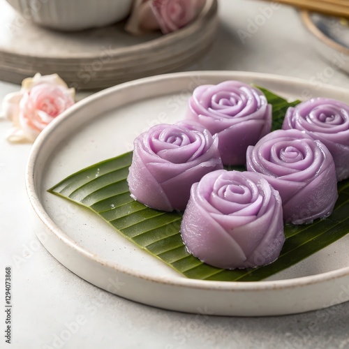 Wallpaper Mural Delicate rose shaped Thai jelly desserts arranged on banana leaf, showcasing intricate craftsmanship and vibrant purple hues. These sweet treats are visual delight, perfect for special occasions Torontodigital.ca