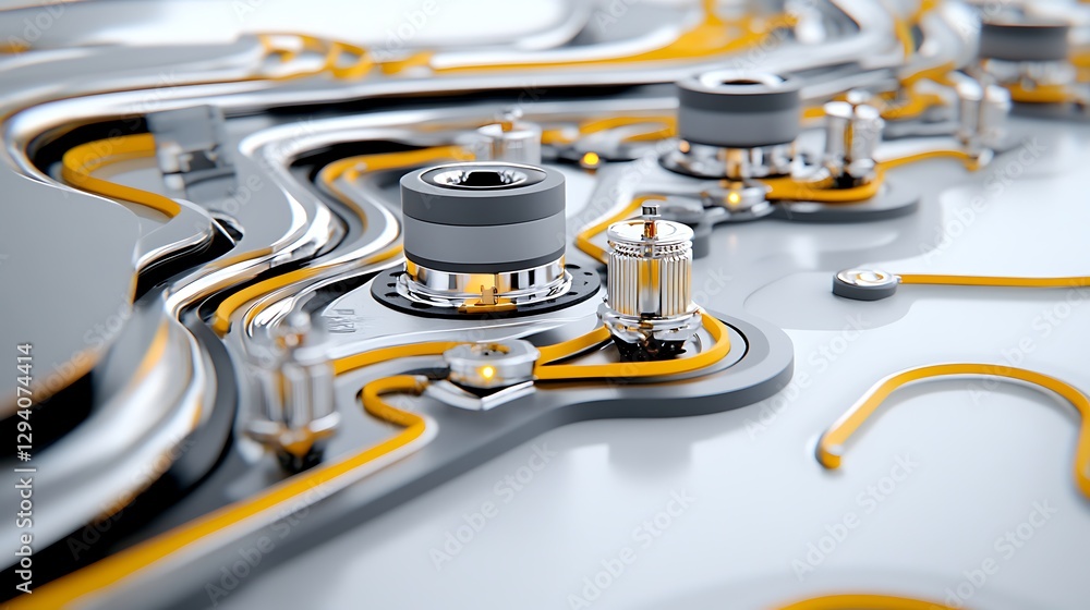 Abstract Close up of Futuristic Technology Grey and Yellow Circuit Board Components Abstract Close up of Futuristic Technology Grey and Yellow Circuit Board Components