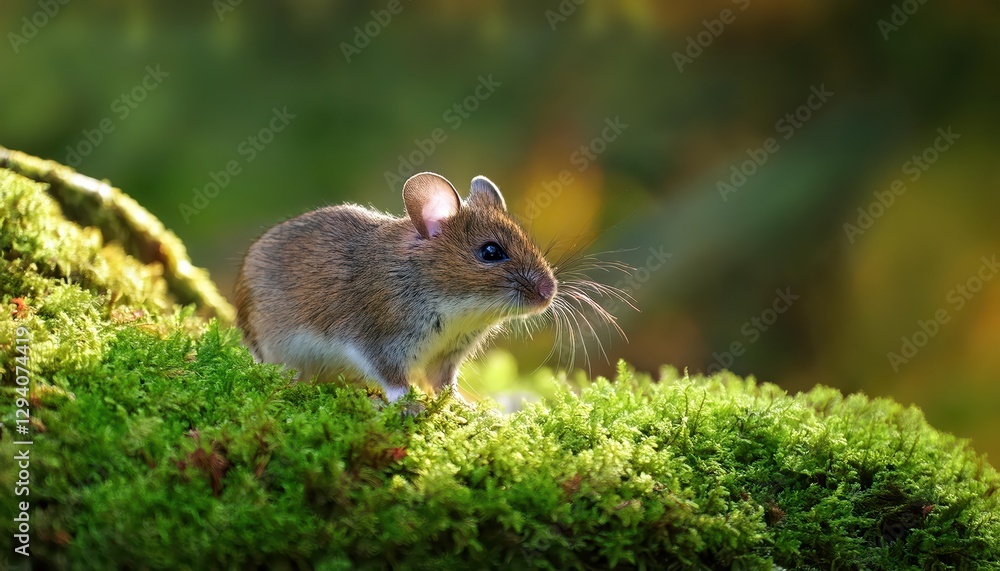 Mystical Moment with a Wood Mouse Amidst Mossy Greenery, Hidden in an Enchanted Forest, Captured in Dappled Light. Mystical Moment with a Wood Mouse Amidst Mossy Greenery, Hidden in an Enchanted Forest, Captured in Dappled Light.