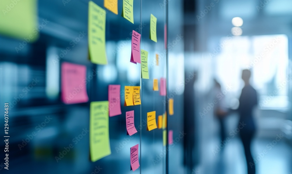 Fototapeta premium Sticky notes brainstorm on glass wall office.