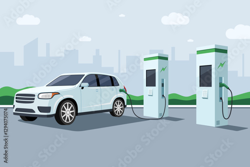 Vector illustration Electric cars are waiting for charging battery