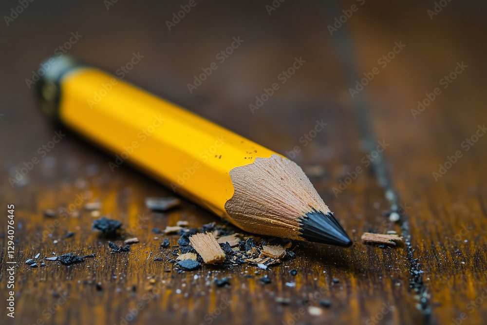 Close up of a Well Used Yellow Pencil on Dark Wooden Surface Close up of a Well Used Yellow Pencil on Dark Wooden Surface