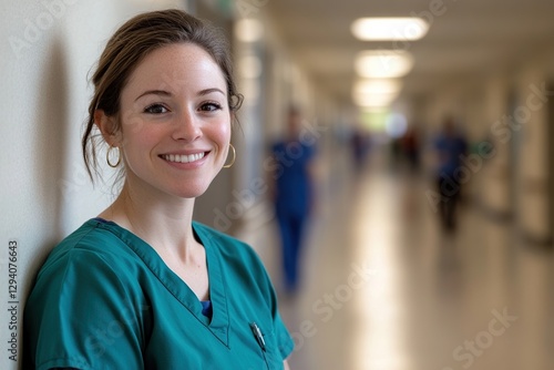 Smiling Female Healthcare Professional in Teal Scrubs in Hospital Corridor Free Download Smiling Female Healthcare Professional in Teal Scrubs in Hospital Corridor - GFXLoad