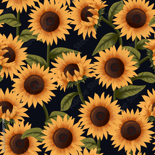 Beautiful sunflowers seamless pattern on black background 