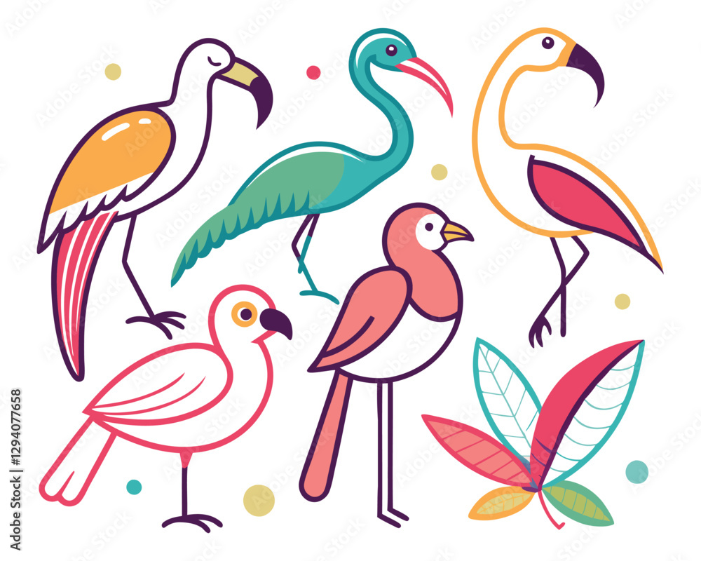 Obraz premium Exotic Birds Icon Collection – Outline Vector Set of Hummingbird, Flamingo, Parrot, Toucan & Swallow