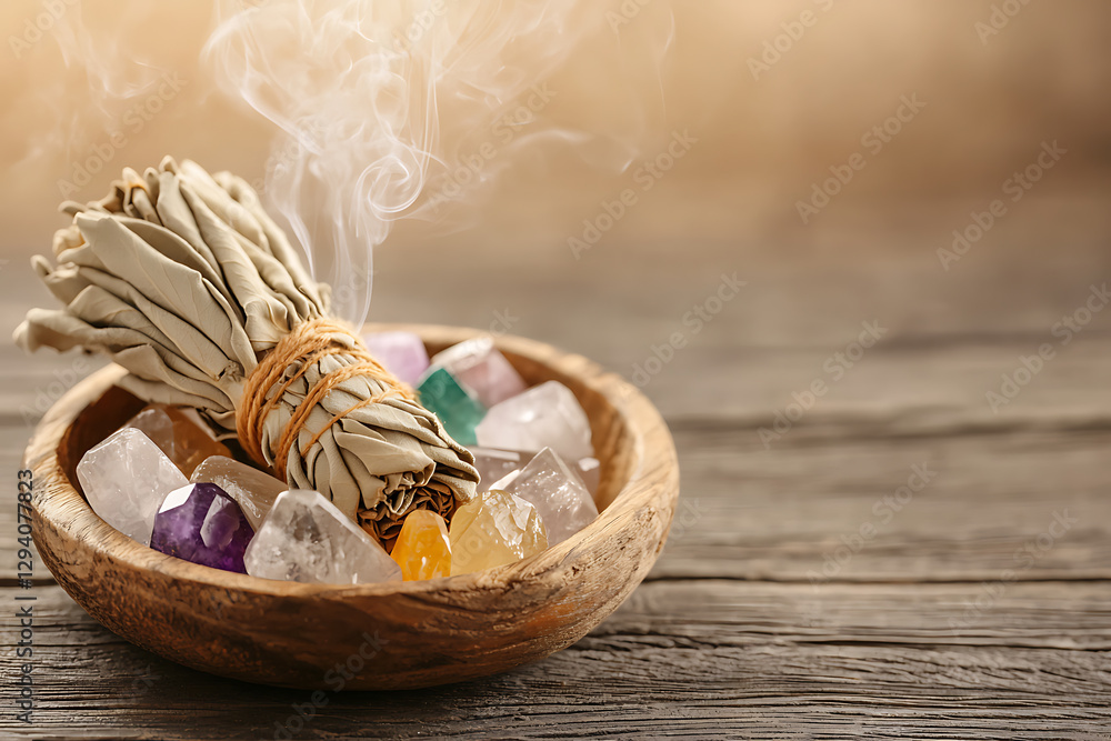 Sage Bundle and Crystals: A bundle of dried sage is in a bowl with assorted crystals, set on a rustic wooden surface. Smoke rises from the sage. Sage Bundle and Crystals: A bundle of dried sage is in a bowl with assorted crystals, set on a rustic wooden surface. Smoke rises from the sage.