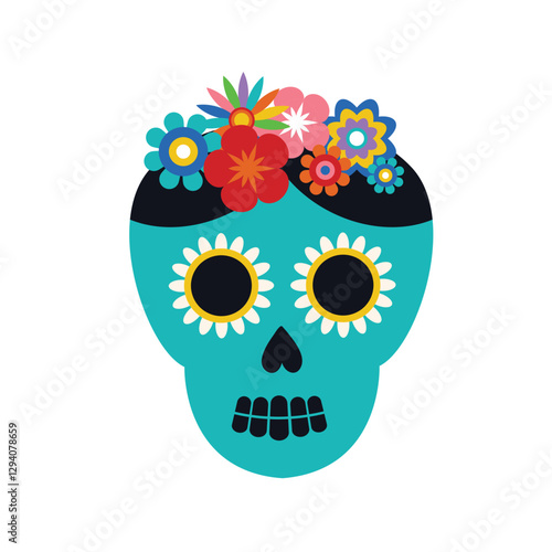 Day of the dead, Dia de los Muertos skull icon. Mexican skull with flowers. colorful vector illustration