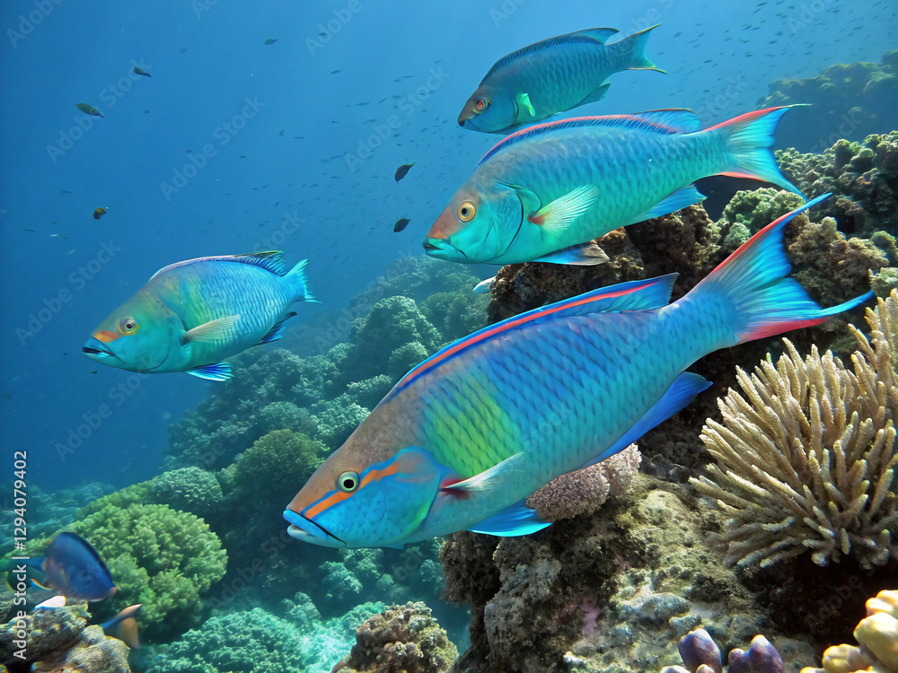 Fototapeta premium A group of electric blue parrotfish nibbling on coral, their colorful scales reflecting sunlight.
