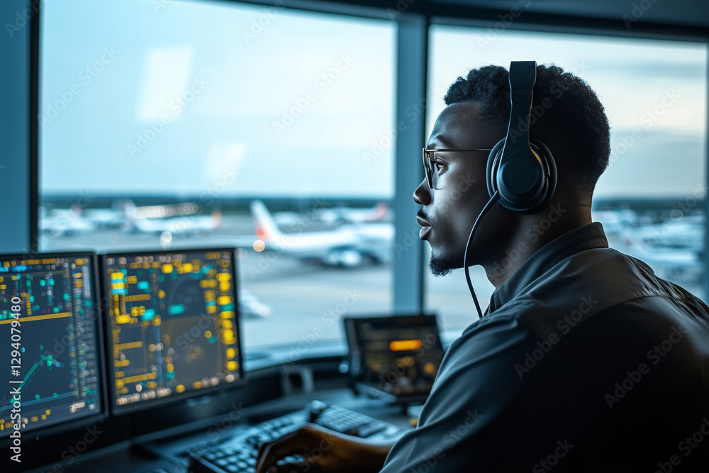 A Black air traffic controller focuses on screens filled with data, headphones on, as twilight settles at a busy airport. Aircrafts are visible in the background, highlighting a bustling environment A Black air traffic controller focuses on screens filled with data, headphones on, as twilight settles at a busy airport. Aircrafts are visible in the background, highlighting a bustling environment