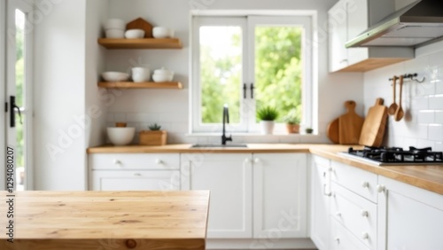 wooden kitchen table in bright modern kitchen with white cabinets, wooden countertops, open shelves with dishes, and kitchen utensils on tiled wall, home interior, real estate, kitchen design