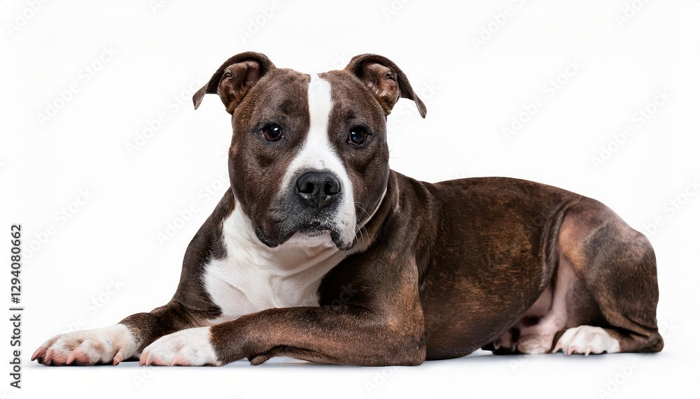 Sideways lounging Brindle American Staffordshire Terrier, bathed in soft afternoon light, exuding playful serenity amidst a rustic wooden backdrop. Sideways lounging Brindle American Staffordshire Terrier, bathed in soft afternoon light, exuding playful serenity amidst a rustic wooden backdrop.
