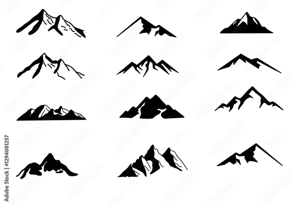 Fototapeta premium Silhouette mountain range isolated on white background, vector design set 