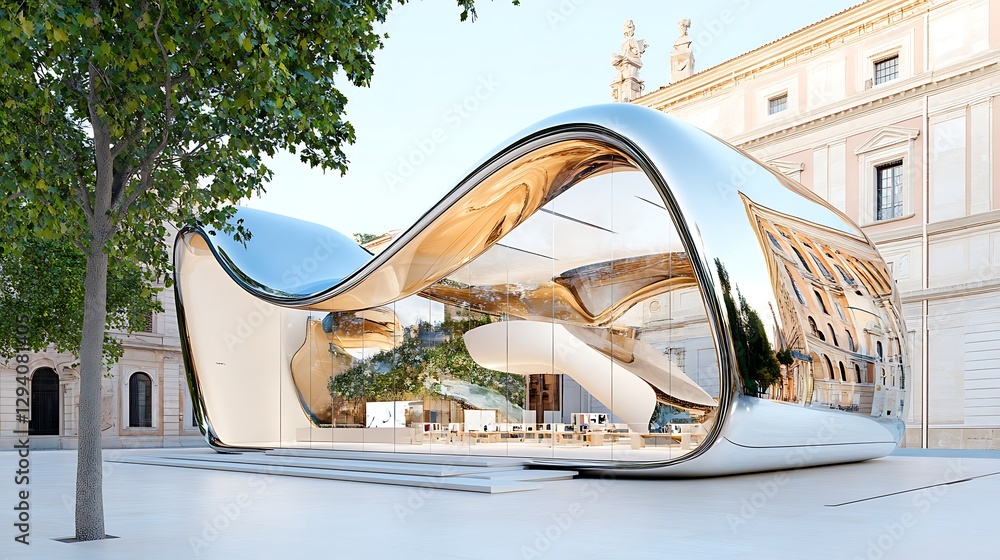 Fototapeta premium Modern Architectural Design Sleek Curvilinear Retail Space in Urban Setting