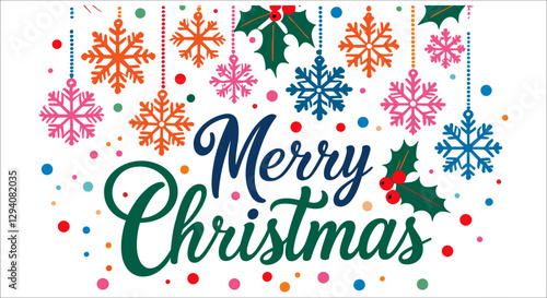 Merry Christmas typography and hanging snowflakes vector. Christmas typography with decorative snowflakes vector. Christmas day celebration text with snowflakes and decorative holly leaves vector