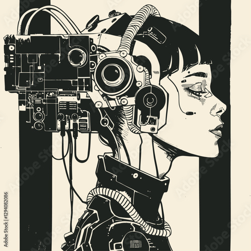 Vector illustration of a futuristic, cyberpunk female character with mechanical implants and a high-tech headset. The intricate design combines advanced technology with human features in a monochrome  photo