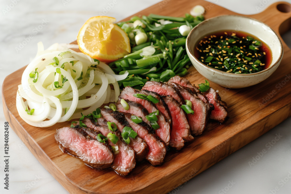 Sliced steak with fresh vegetables and soy sauce. Sliced steak with fresh vegetables and soy sauce.