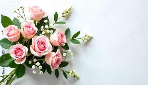 Una toma panorámica y desde un ángulo alto presenta un arreglo floral sobre un fondo blanco con textura. El arreglo presenta una variedad de rosas rosadas, algunas completamente florecidas