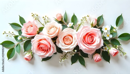 Una toma panorámica y desde un ángulo alto presenta un arreglo floral sobre un fondo blanco con textura. El arreglo presenta una variedad de rosas rosadas, algunas completamente florecidas