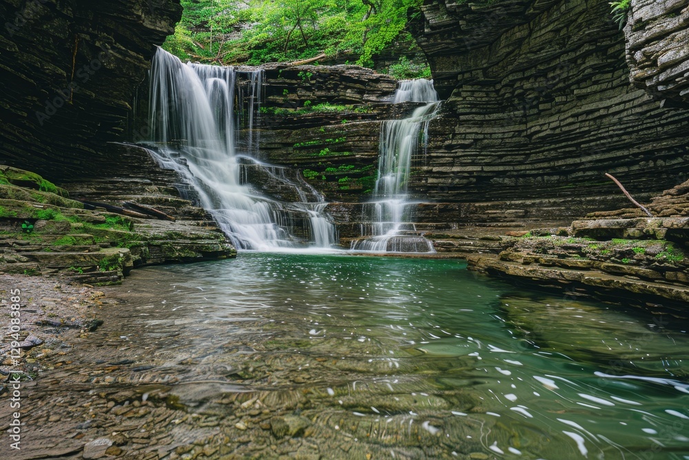 Fototapeta premium Cultural exploration at a scenic waterfall and clear pool nature destination