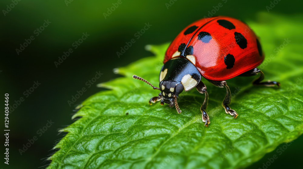 Close-Up of Vibrant Red Ladybug with Black Spots on Fresh Green Leaf Surrounded by Soft Focus Greenery in a Natural Environment Close-Up of Vibrant Red Ladybug with Black Spots on Fresh Green Leaf Surrounded by Soft Focus Greenery in a Natural Environment