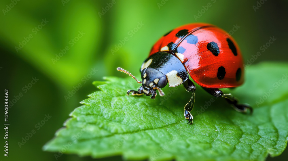 Close-Up View of a Vibrant Red Ladybug with Black Spots Resting on a Green Leaf, Highlighting the Beauty of Nature and Insect Life in a Lush Environment Close-Up View of a Vibrant Red Ladybug with Black Spots Resting on a Green Leaf, Highlighting the Beauty of Nature and Insect Life in a Lush Environment