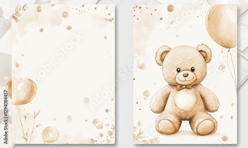 Invitation template with florals and flower and cute teddy bear for baby shower or birthday modern invitation. Front and back print template design.
