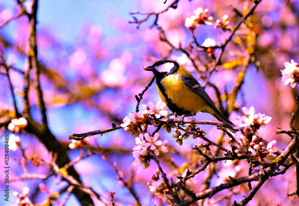Cute yellow bird standing on cherry blossom branch in springtime Cute yellow bird standing on cherry blossom branch in springtime