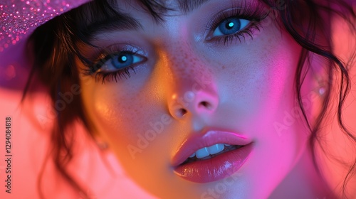 A striking closeup of a young woman with blue eyes and freckles under vibrant neon pink and purple lighting