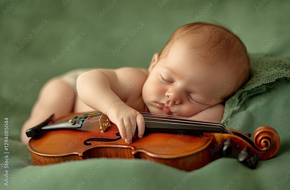 A newborn baby sleeping on a green background, with a violin next to it A newborn baby sleeping on a green background, with a violin next to it